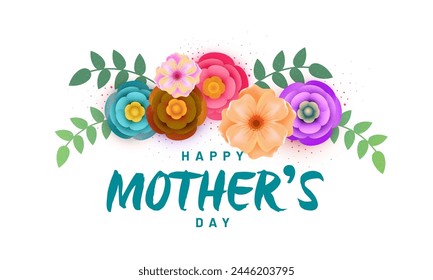 Beautiful flowers and text Happy Mother's Day on white background.