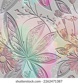 Beautiful flowers textured 3d seamless pattern. Floral embossed watercolor pink background. Grunge dirty colorful backdrop. Line art  flowers, leaves. Abstract hand drawn surface plants ornaments. 