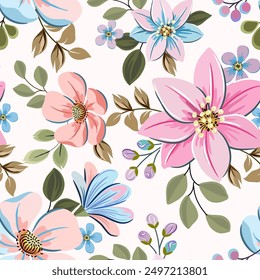 Beautiful flowers in tones of pink, light blue, hand drawn, seamless, on a light background. Designed for fabric, fashion, textiles, wallpaper, gift wrap.