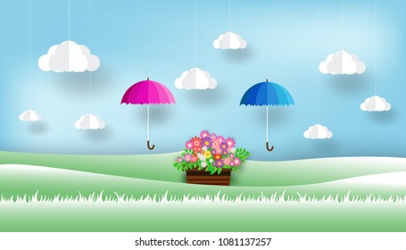 beautiful flowers and umbrellas , love concept , paper art style, clouds in the sky