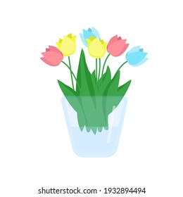 Beautiful flowers in a vase, a bouquet of tulips cute garden flowers, vector object in a flat style on a white background.