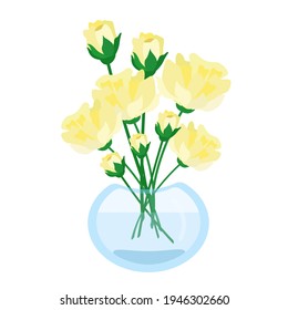 Beautiful flowers in a vase, a bouquet of yellow roses cute garden flowers, vector object in a flat style on a white background.