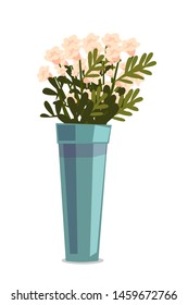 Beautiful flowers in vase flat vector illustration. Natural decorative plant in pot. Interior decoration, romantic gift. Elegant tulips isolated on white background. Floristry, horticulture symbol