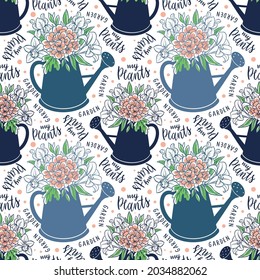 Beautiful flowers in the water can. Seamless pattern with hand drawn vector illustrations