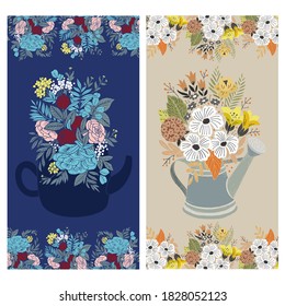 Beautiful flowers in the water cans. Blanket templates with hand drawn vector illustrations and bordes