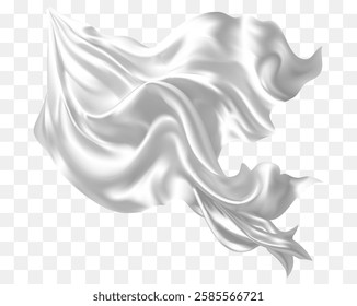 Beautiful flowing cloth flying in the wind. White wavy silk or satin. Abstract element for design on a white background.