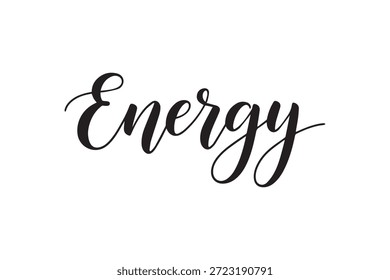Escrita bonita e fluente com a palavra "Energia" em tinta preta, centrada em um fundo branco puro, elegante e simples