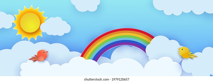 Beautiful fluffy clouds against a blue sky with the summer sun, birds and a rainbow. Vector illustration. Paper cut style. Place for text