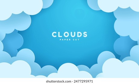 Beautiful fluffy clouds against a blue sky background. Paper cut style. Space for text. Banner header for a summer day.