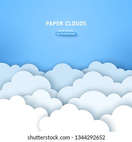 Beautiful fluffy clouds on blue sky background. Vector illustration. Paper cut style.