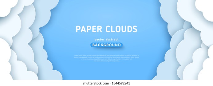 Beautiful fluffy clouds on blue sky background. Vector illustration. Paper cut style. Place for text