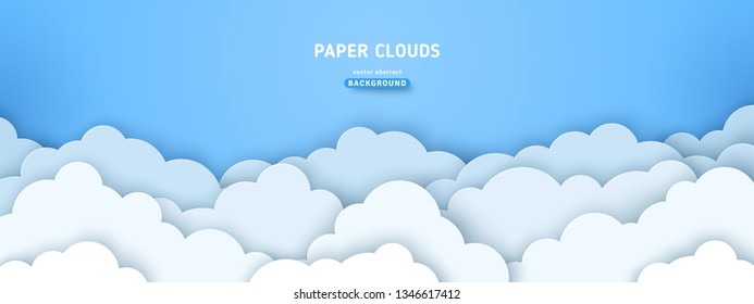 Beautiful fluffy clouds on blue sky background. Vector illustration. Paper cut style. Place for text