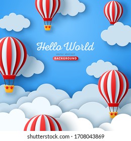 Beautiful fluffy clouds on blue sky background with hot air balloons. Vector illustration. Paper cut style. Place for text. Travel and adventure concept