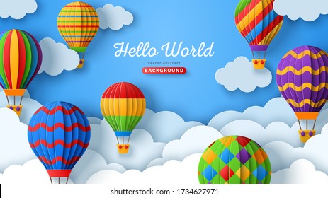 Beautiful fluffy clouds on blue sky background with colorful hot air balloons. Vector illustration. Paper cut style. Place for text. Travel and adventure concept