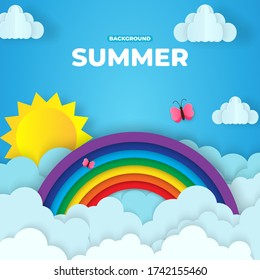 Beautiful fluffy clouds on blue sky background with summer sun, butterfly and rainbow. Vector illustration. Paper cut style. Place for text