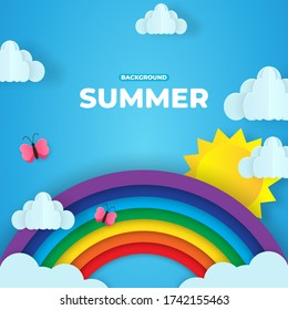 Beautiful fluffy clouds on blue sky background with summer sun, butterfly and rainbow. Vector illustration. Paper cut style. Place for text