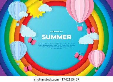 Beautiful fluffy clouds on blue sky background with summer sun, air balkon, butterfly and rainbow. Vector illustration. Paper cut style. Place for text