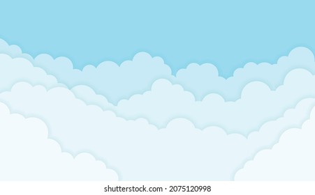 Beautiful fluffy clouds on blue sky background. Vector illustration. Paper cut style