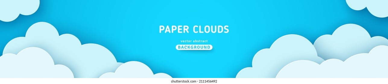 Hermosas nubes esponjosas sobre fondo azul del cielo. Ilustración vectorial. Estilo de corte de papel. Colocar el texto. Encabezado de banner largo del día de verano. Concepto nublado de primavera