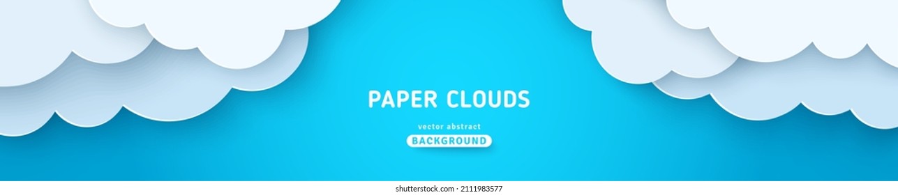 Beautiful Fluffy Clouds On Blue Sky Background. Vector Illustration. Paper Cut Style. Place For Text. Summer Day Paperart Long Banner Header. Spring Morning, Cartoon Cumulus, Drawing