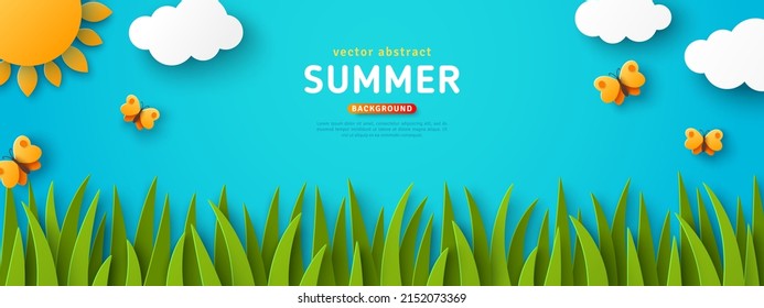 Beautiful fluffy clouds on blue sky background, summer sun, butterfly, green grass lawn. Vector illustration. Paper cut style. Place for text