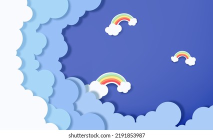 Beautiful fluffy clouds on blue sky background with rainbow. Vector illustration. Paper cut style. Place for text