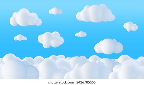 Beautiful Fluffy Clouds on Blue Sky Background. Collection of Cartoon Cumulus Cloud. Render Bubble Cute Circle Shaped Smoke or Cumulus Fog Symbol. Vector Illustration