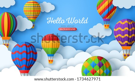 Beautiful fluffy clouds on blue sky background with colorful hot air balloons. Vector illustration. Paper cut style. Place for text. Travel and adventure concept