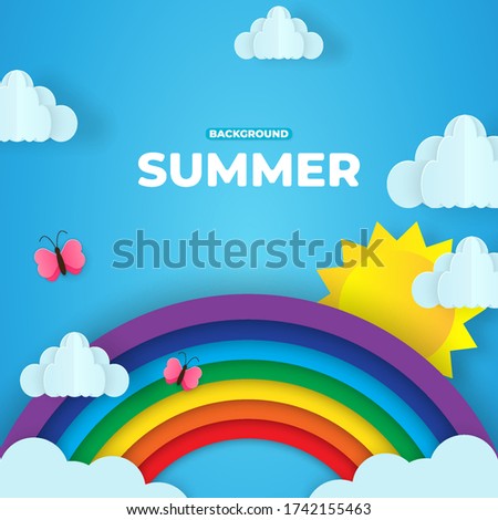 Beautiful fluffy clouds on blue sky background with summer sun, butterfly and rainbow. Vector illustration. Paper cut style. Place for text
