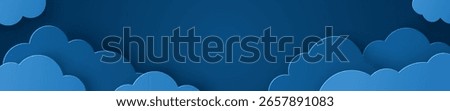 Beautiful fluffy clouds on blue sky background. Vector illustration. Paper cut style. Place for text. Good night poster, sweet dreams banner with dark stormy overcast, cloudy backdrop, empty space
