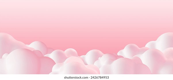 Hermosas nubes esponjosas sobre fondo de cielo rosa. Colección de dibujos animados Cumulus Cloud. Representar burbuja lindo círculo en forma de humo o cúmulo niebla símbolo. Ilustración vectorial