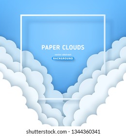 Beautiful fluffy clouds with white square frame on blue sky background. Vector illustration. Paper cut style. Place for text