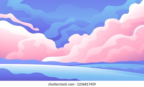 Schöne, flauschige Cumulus-rosa Wolken auf blauem Grasland.