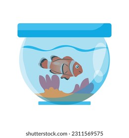 beautiful and fluffy little fish in a round aquarium, clownfish. vector illustration.