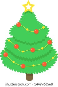 A beautiful fluffy New Year / Christmas tree with a star at the top, decorated with red balls and yellow garlands, vector graphics, vector illustration