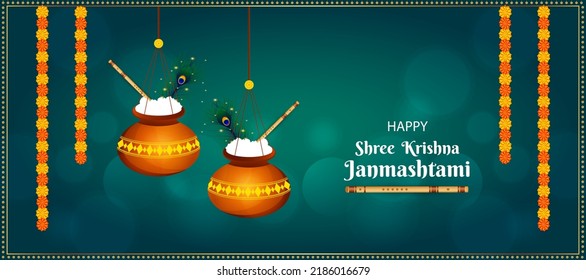 Beautiful flute design happy Janmashtami festival banner.