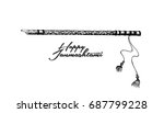 Beautiful flute with peacock feather on white background, Hand Drawn Sketch Vector illustration.