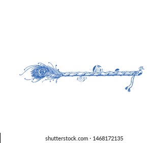 Beautiful flute with peacock feather on white background, Hand Drawn Sketch Vector illustration.