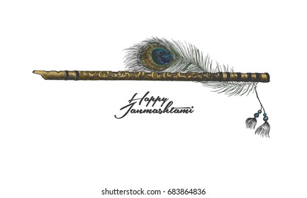 Beautiful flute with peacock feather on white background, Hand Drawn Sketch Vector illustration.