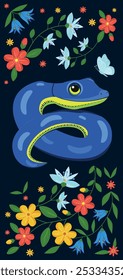 Flyer hermoso, flores planas brillantes y mariposas, serpiente azul, Ilustración vectorial brillante sobre fondo negro