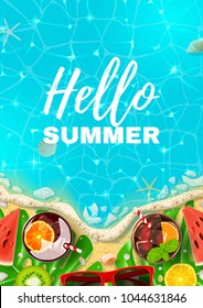 Beautiful flyer with inscription Hello Summer. Top view on Summer decoration with realistic objects on beach. Vector illustration. Concept of seasonal vacation in tropical country.