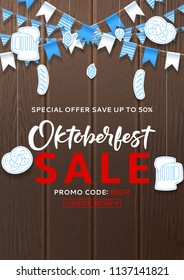 Beautiful flyer for Oktoberfest sale. Vector illustration with realistic garlands and paper objects hanging on background of wooden texture. Seasonal offer with discount.