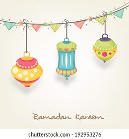 Beautiful flyer, poster or banner design with hanging colourful arabic lamps or lanterns on brown background for holy month of Ramadan Kareem.