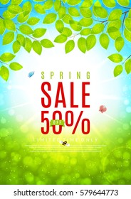 Beautiful flyer for spring sale. Vector illustration. Spring day background with sunshine and tree branches.