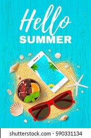 Beautiful flyer for summer holiday. Top view on fresh cocktail, seashells, sun glasses, smartphone and sea sand on blue wooden texture. Vector illustration.