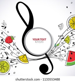 Beautiful flyer for summer party.  Musical summer background with pieces of fruit. Vector illustration. 