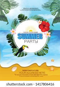 Beautiful flyer for summer party. Tropical plants, flower.Summer Time Holiday