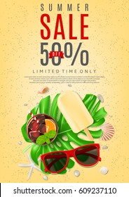 Beautiful flyer for summer sale. Top view on composition with sun glasses, seashells, fresh cocktail and ice cream on sea sand. Vector illustration with leaves of tropical plant.