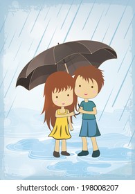 Beautiful flyer or template design with cute little kids standing under the umbrella in rainy day. 