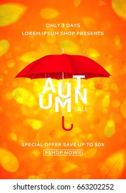 Beautiful flyer with umbrella for autumn sale. Bright orange background with the falling leaves. Vector illustration with paper white letters. Seasonal offer with discounts.